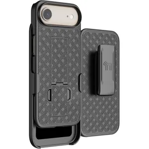 Case with Clip for iPhone 17 Air, Nakedcellphone Slim Hard Shell Phone Cover with Kickstand and [Rotating/Ratchet] Belt Hip Holster Holder Combo - Black