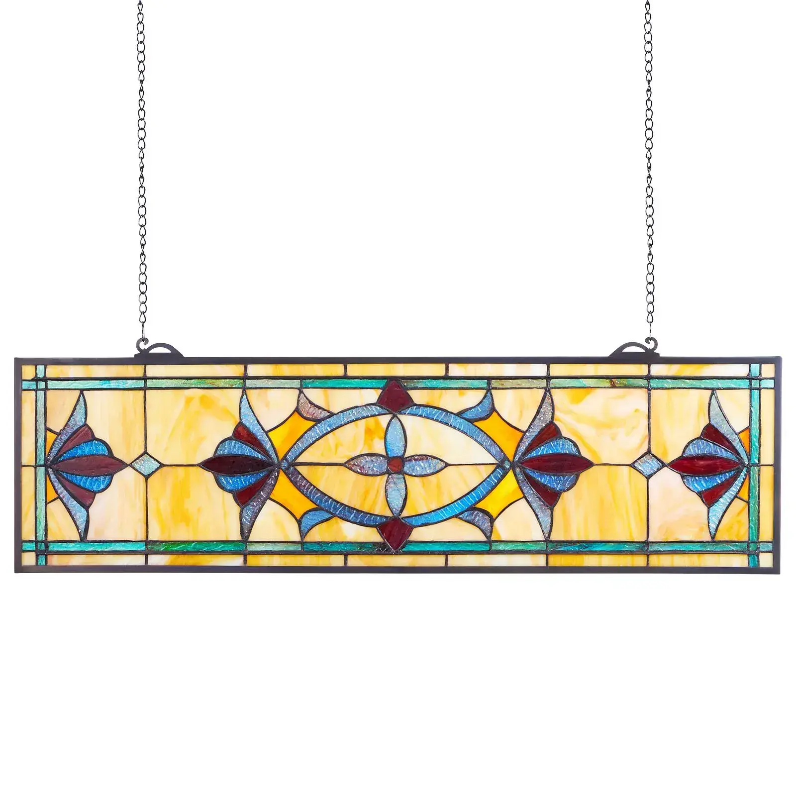32 x 10 Inch Stained Glass Window Panel, Horizontal Rectangle Hanging Transom Stained Glass with Mounting Chain, Vintage Handcrafted Art Glass Decor, Colorful Light Catching Window Hanging for Kitchen & Home Interior Decoration