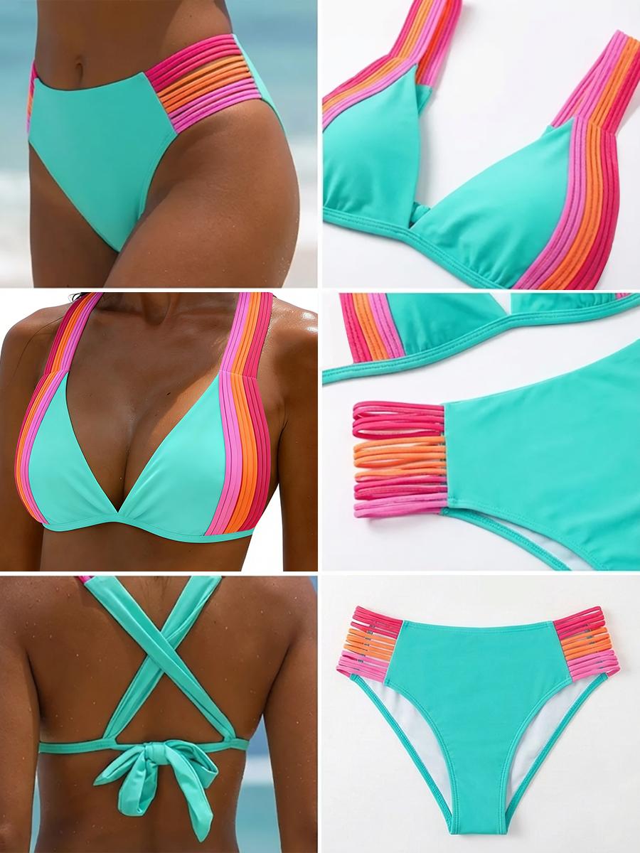 Popvil Flattering Neon Strappy High Waist Bikini | Colorful Cross Back Two Piece Swimsuit
