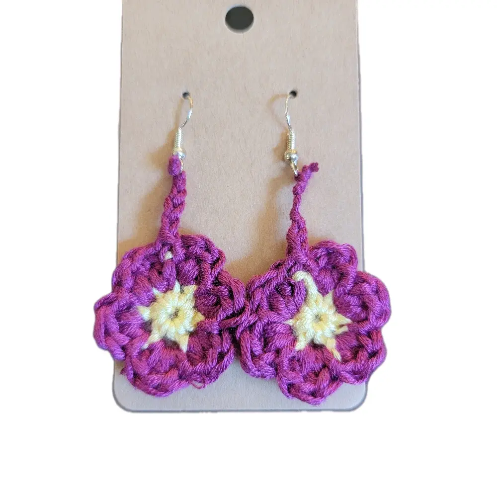 Crocheted Fussica Flower Earring - Fuchsia Handcrafted Floral Design with Yellow Center