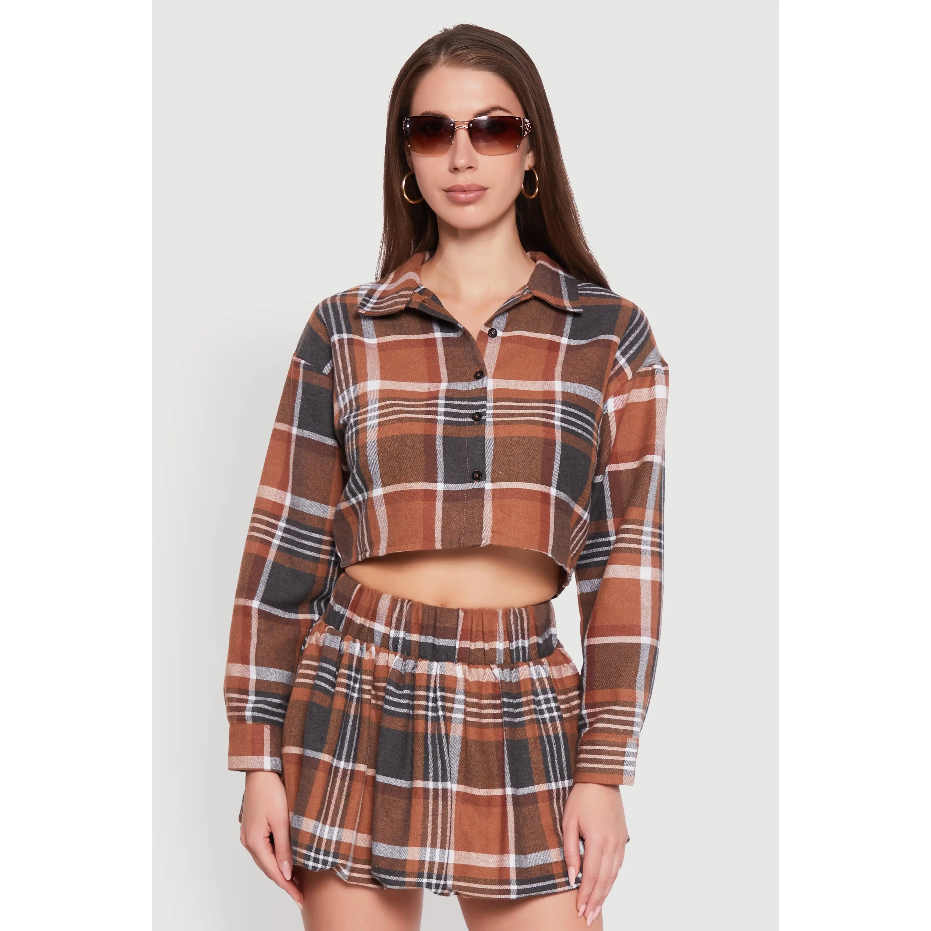 Plaid Flannel Cropped Long Sleeve Shirt