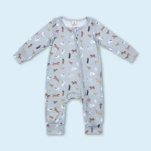Dog print baby boy spring fall zip romper