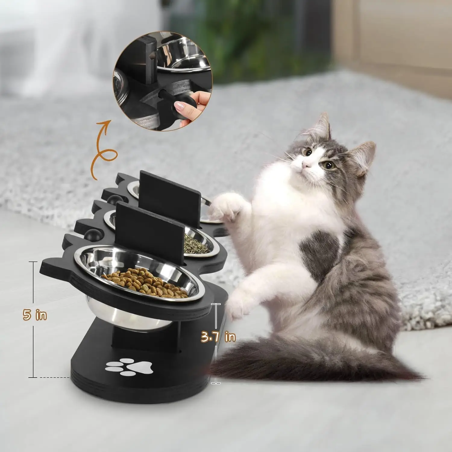 Raised Cat Food Bowls - 3 Stainless Steel Elevated Cat Bowls with 15°Tilted, Adjustable Heights, Black Shelf & Cat Food and Water Bowl Set