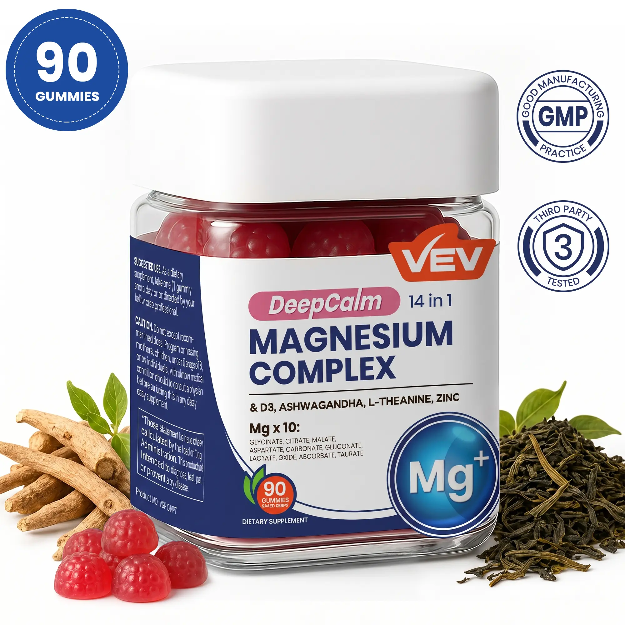 VEV DeepCalm Magnesium Gummies, Magnesium Complex 14-in-1 with Ashwagandha,L-Theanine, D3 & Zinc, 90 Count