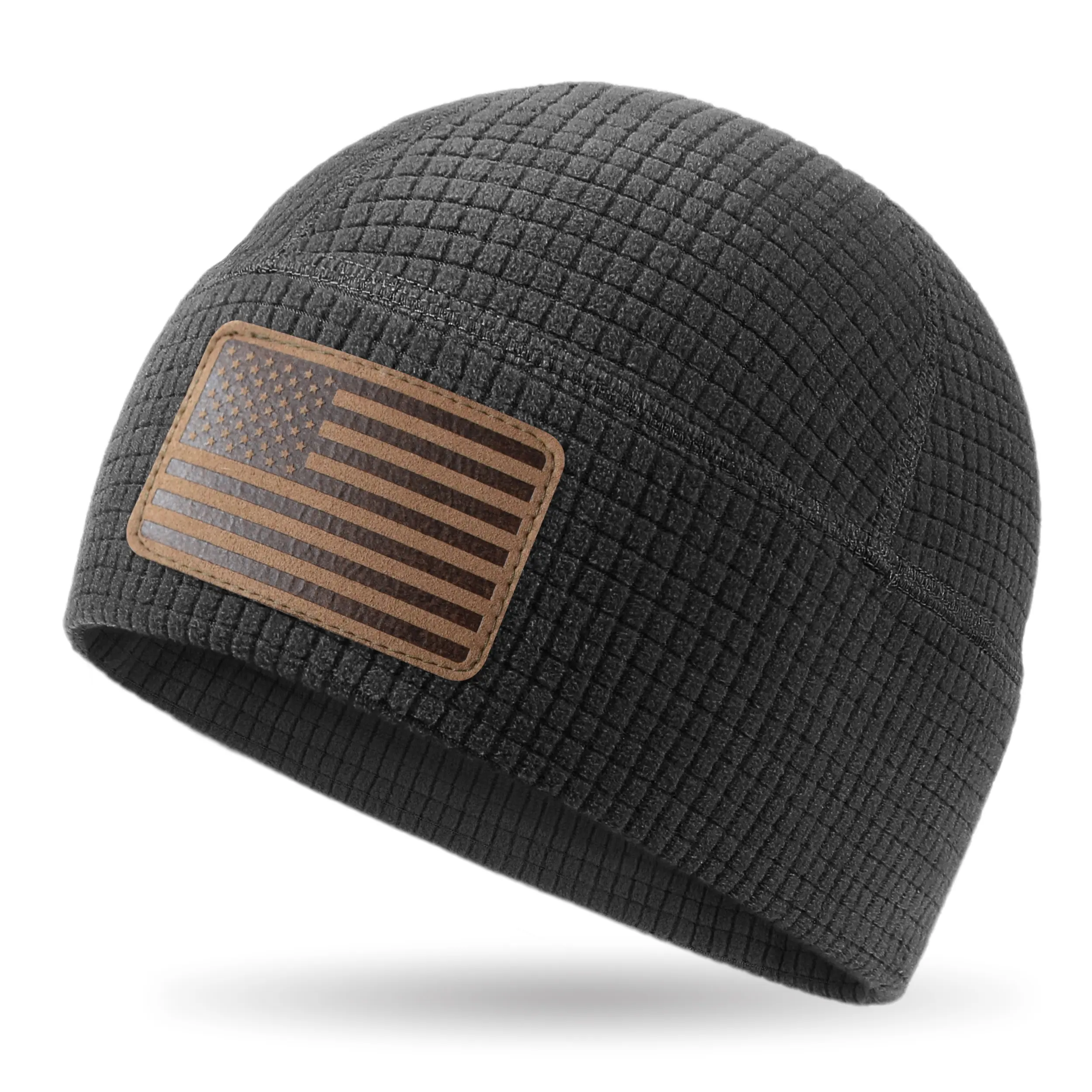 OUTDOOR SHAPING Mens Grid Waffle Fleece Beanie - Leather USA Flag Patch Tactical Skull Cap, Fleece-Lined Windproof Quick-Dry Warmth Mens Hat for Winter Running, Hiking, Mens Hats