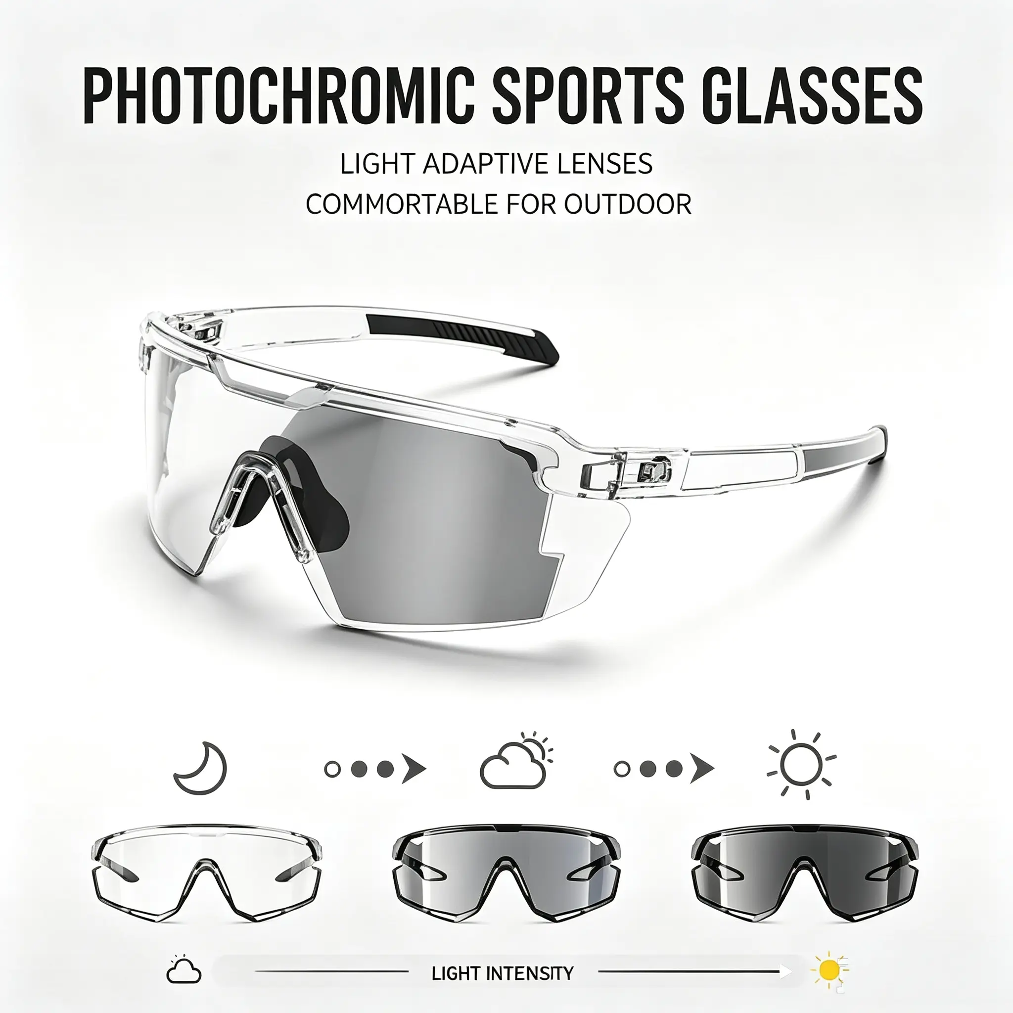 Unisex Stylish Photochromic Sunglasses - All-Season Lightweight Wraparound UV400 Sports Glasses for Cycling, Outdoor Driving