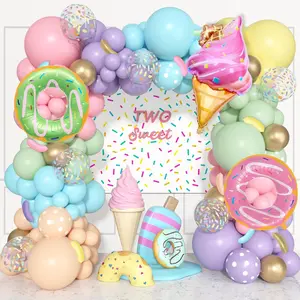 162pcs Pastel Donut Balloon Arch Kit with Sprinkle Confetti, Candy, Ice Cream, and Foil Balloons for First Birthday, Baby Shower, or Sweet Party Decorations
