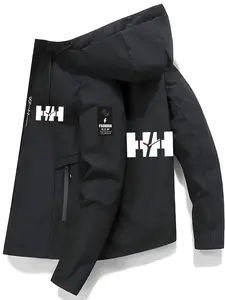 Men's Fashion Jacket with Hh Logo, Zipper Pockets, Casual Hooded Design, Polyester Material, Spring & Fall Wear, Fitted Style, Casual Fitted Jackets