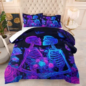 Edgy Skeleton Themed Quilt Set, Bedroom Bedding Set, 2-3 Pieces: Including 1 Quilt/Comforter & 1/2 Pillowcases (No Filler), with Skeleton/Skull Prints, Soft, Skin-Friendly & Durable, Suitable for Bedrooms, Rental Rooms & Trendy Spaces