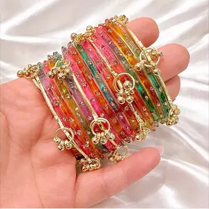 Multi-layered Kashmiri Glass Bangles with Small Dangling Golden Accents, Fashionable Bracelet, Jewelry Accessory, Bracelets for Women, Female Costume Jewelry Bangle