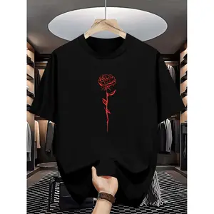 Stylish Black T-Shirt With Red Rose Print For Men Summer Casual Wear Breathable Polyester Short Sleeve Round Neck Tee Crewneck