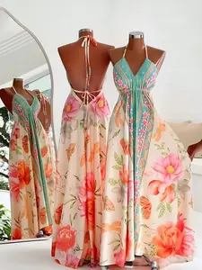1 Spring Summer Backless Halter Maxi Dress Women | Floral Print Tie Back Flowy Long Sundress | Boho Vacation Style for Beach Travel Honeymoon Wear