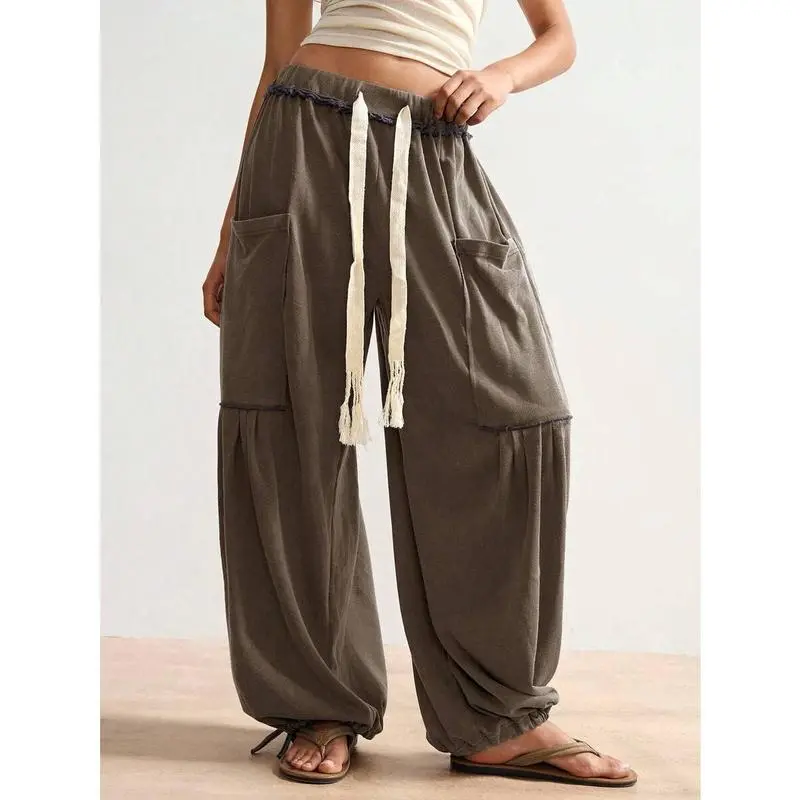 Women's Boho Casual Vacation Solid Color Knit Loose Polyester-Cotton Trouser with Pocket, Rainwear-Compatible Fit for Sports & Outdoor Use, Fabric, Bottom, Lady