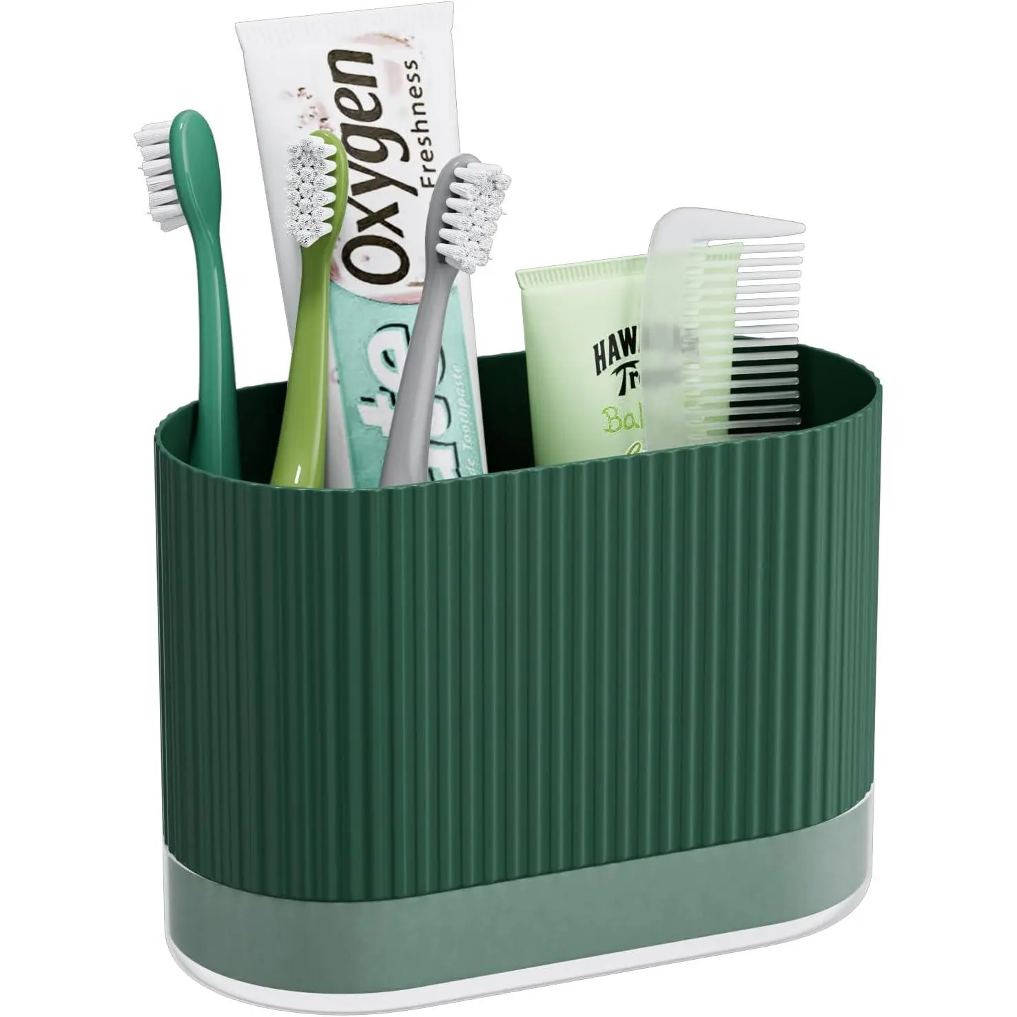 Green Countertop Toothbrush Holder - Modern, Rustproof Large Family-Size Plastic Organizer with Multiple Sections, Drainage, Drip Tray, Toddler-Friendly Design, Toothpaste Stand, Bathroom Decor Accessories, Wall-Mounted Compatible