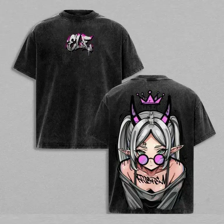 Streetwear Vintage Washed Anime T-Shirt | Demon Elf Girl Purple Crown Graphic Tee | Oversized Retro Shirt | Heavy Cotton Grunge Gift for Frieren Fans Unisex couple T-shirts Crewneck Distressed