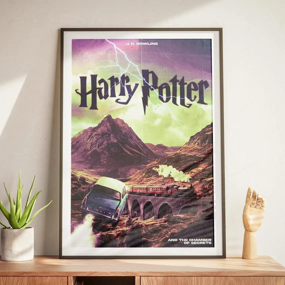 Harry Potter Chamber of Secrets Poster – Flying Car & Hogwarts Express Scene – Vintage Aesthetic Wall Art , Gift for Potter Fans