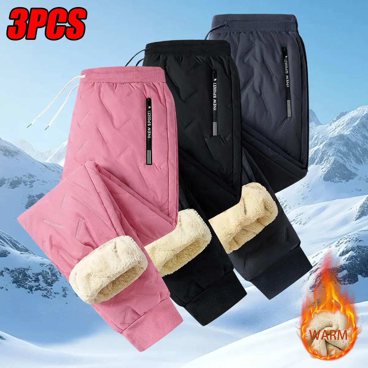 JOGWAVE Lady's 3-Pack Fleece Lined Long Pants, Cuffed Ankles, Solid Color, Elastic Drawcord Waistband, Thick, Casual Bottoms, Suitable for Winter Outdoor Activities & Everyday Wear