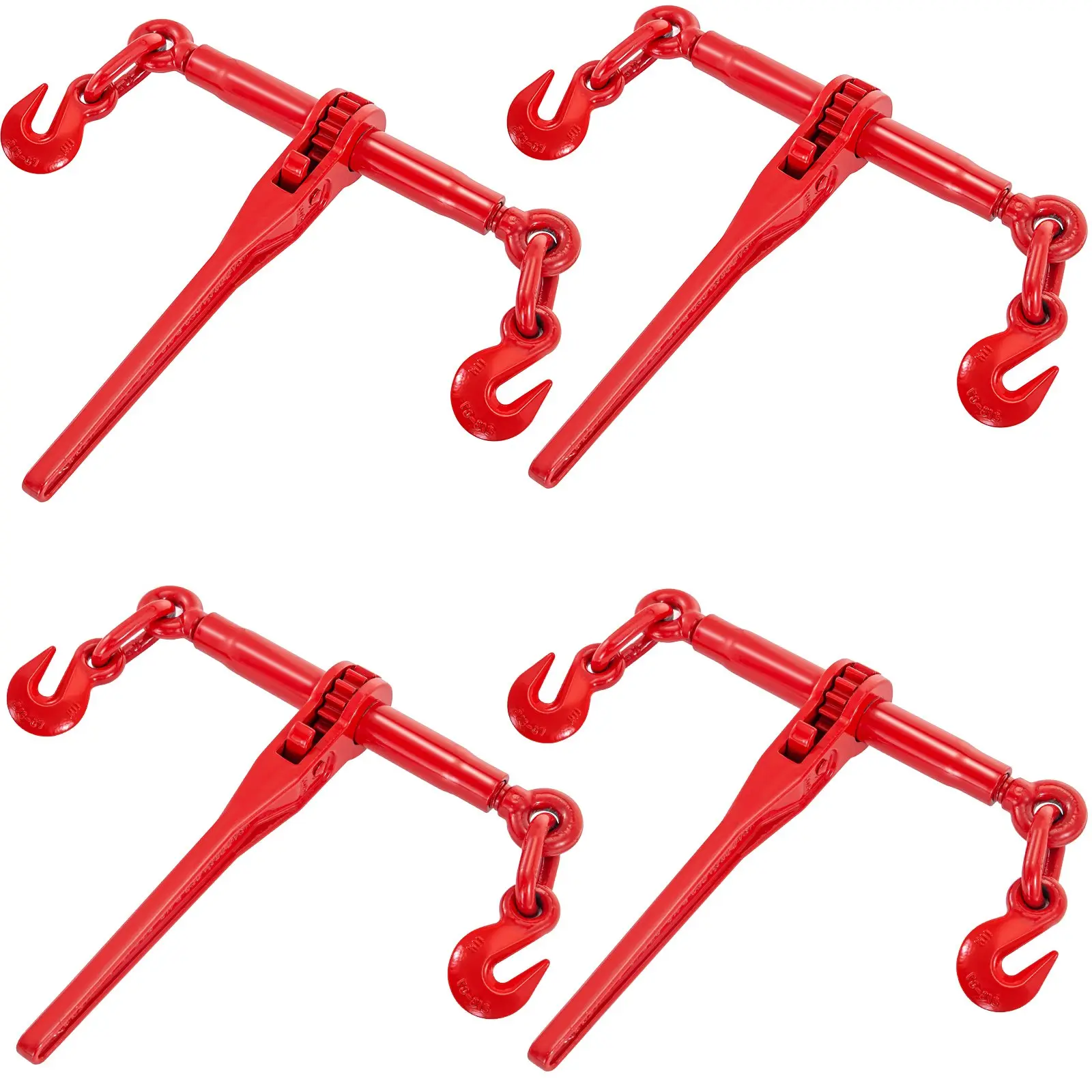 VEVOR 4-Pack Red Heavy-Duty Steel Ratchet Binders - 3/8''-1/2''/10-13 mm, Pawl Mechanism, G70 Hooks, Adjustable Length, Powder Coating, 9215LBS SWL, 33069LBS/15T Capacity, for Grade 70-80 Chains, Logging, 30-Day Free Returns, Four Pieces