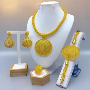Dubai Style Gold Plated Jewelry Women Bride Wedding Necklace Earring Ring Wrap Bracelet Four-Piece Set