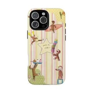 Curious George Durable Shockproof Smartphone Case, Pastel Stripe Monkey Casing, Cartoon Character Protective Accessory, Handheld Cover Gift for Him/Her, Compatible with iPhone 11-17 Pro, ProMax, Plus, Air