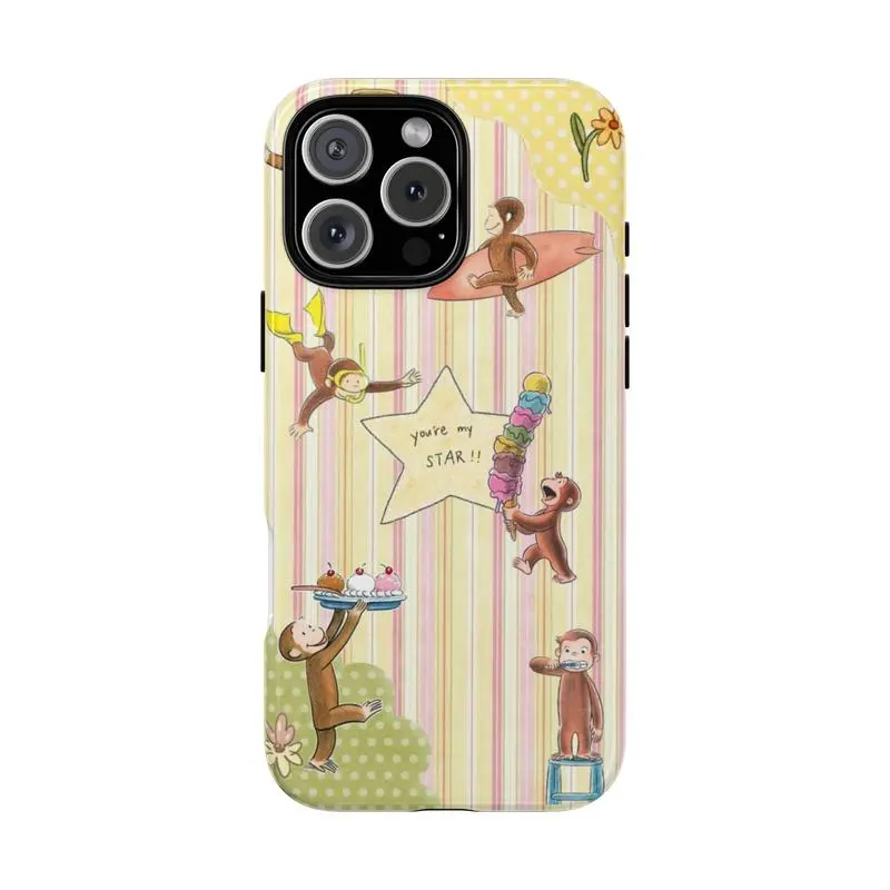 Curious George Polycarbonate Cellphone Casing - Durable Shockproof Shell with Pastel Stripe Monkey Design, Cartoon Character Accessory with Camera Protection, Gift for Him/Her, Compatible with iPhone 11-17 Pro, ProMax, Plus, Air