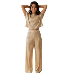 O KNit Beautiful Crinkle Set - Luxurious Crinkle Plisse Crop Top & High-Waisted Wide Leg Pants Matching Set for Women