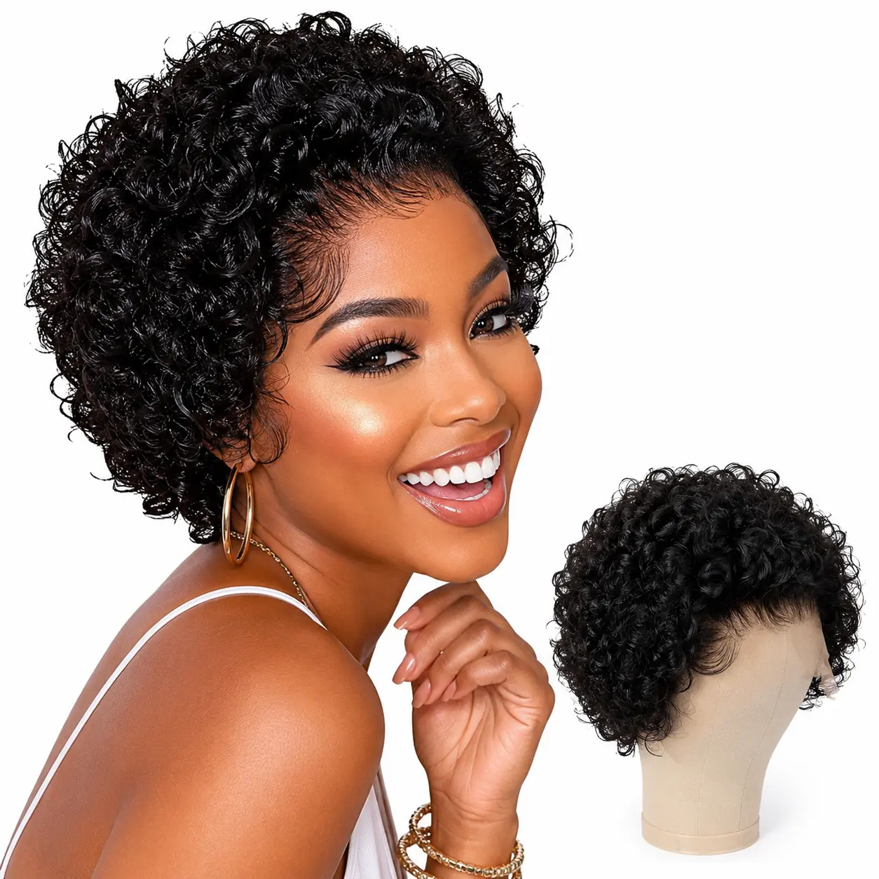 Short Bob Pixie Cut Curly Human Hair Lace Front Wig, Glueless 13x1 Lace Closure Wig with Baby Hair, Natural Color, Lace Front Hair