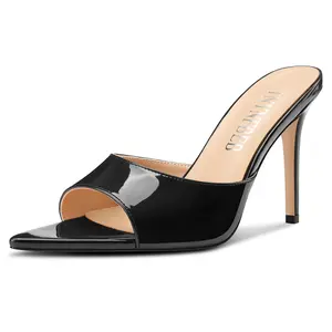 Womens Stiletto High Peep Open Pointed Toe Sandals Mules Shoes Slip-on Slingback Office Party Dress Patent Leather Summer 3.9 Inches Heels wide feet