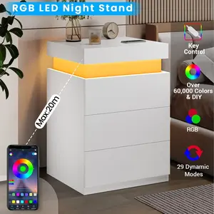 Sikaic Nightstand with LED Lights & Charging Station White Modern Accent Table 2 Power Outlets 2 USB Ports Sliding Top Drawers for Bedroom Living Room