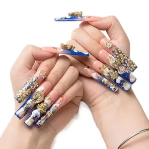 Gorgeous Extra Mural Print Blue Clouds with Angels Coffin Long Acrylic Press On Nails for Stylish Nail Art Design