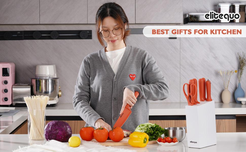 ELITEQUO 8 Pieces Knife Set with Block, Forged, High Carbon Stainless Steel Sharp Blade Block Knife Set, Dishwasher Safe Cutlery