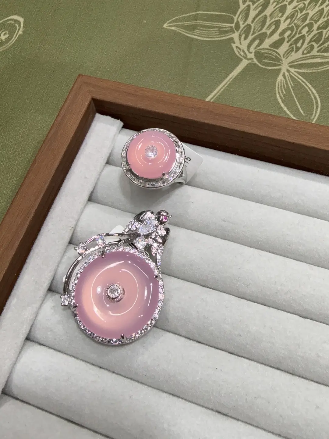 Selina(5776)gc Gemstone Sets - Pink Donut-Shaped Chalcedony Ring + Pendant (White Gold), Blue Star Gemstone Ring + Pendant (White Gold)