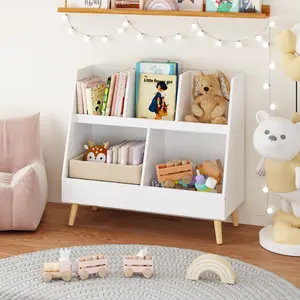 Kids Bookshelf and Toy Organizer, 5 Cubby Wooden Bookcase, White