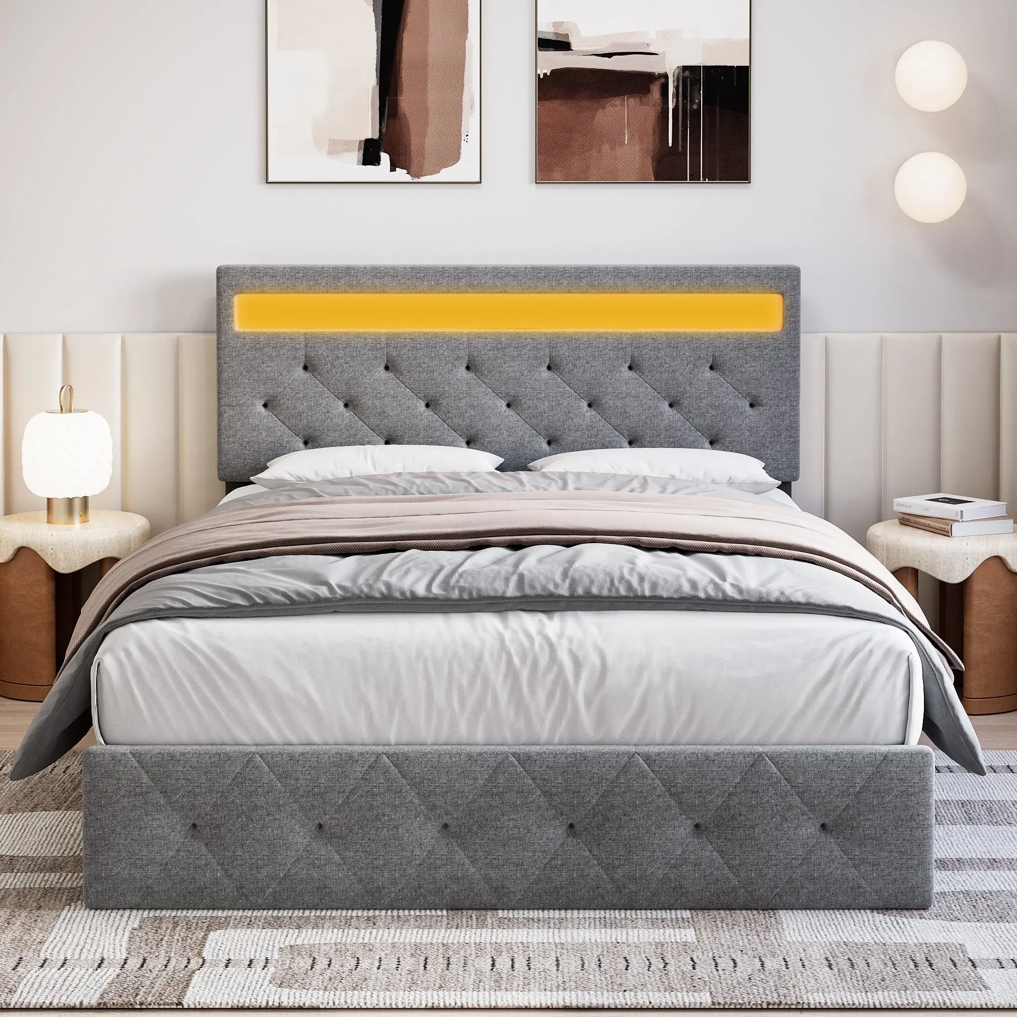 Gaomon Gray Upholstered Full Queen Platform Bed Frame with Adjustable Headboard, Soft Fabric, LED Lights, USB Fast-Charging Ports, No Box Spring Needed, Easy Set-Up
