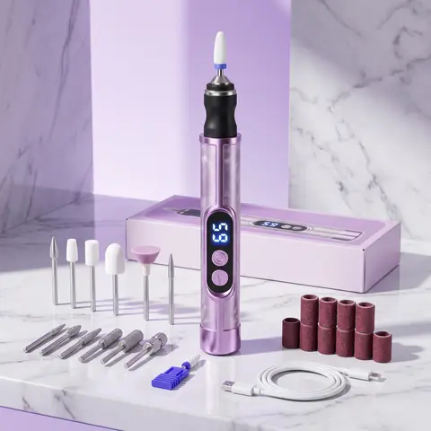 Compact Portable Electric Nail Drill Kit Set with LCD Display, USB Rechargeable Professional Nail Care Tool for Home/Salon, Cuticle Care, Gel Polish Removal, File, Trimmer, Polisher, Sanding Bands