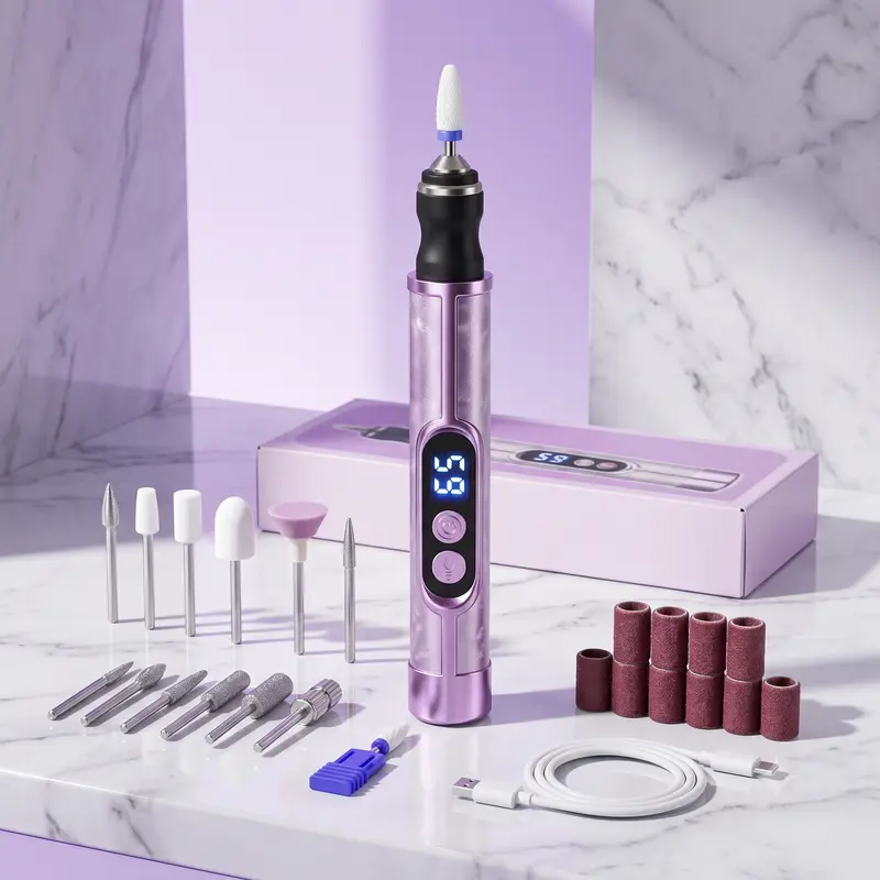Compact Portable Electric Nail Drill Kit Set with LCD Display, USB Rechargeable Professional Nail Care Tool for Home/Salon, Cuticle Care, Gel Polish Removal, File, Trimmer, Polisher, Sanding Bands