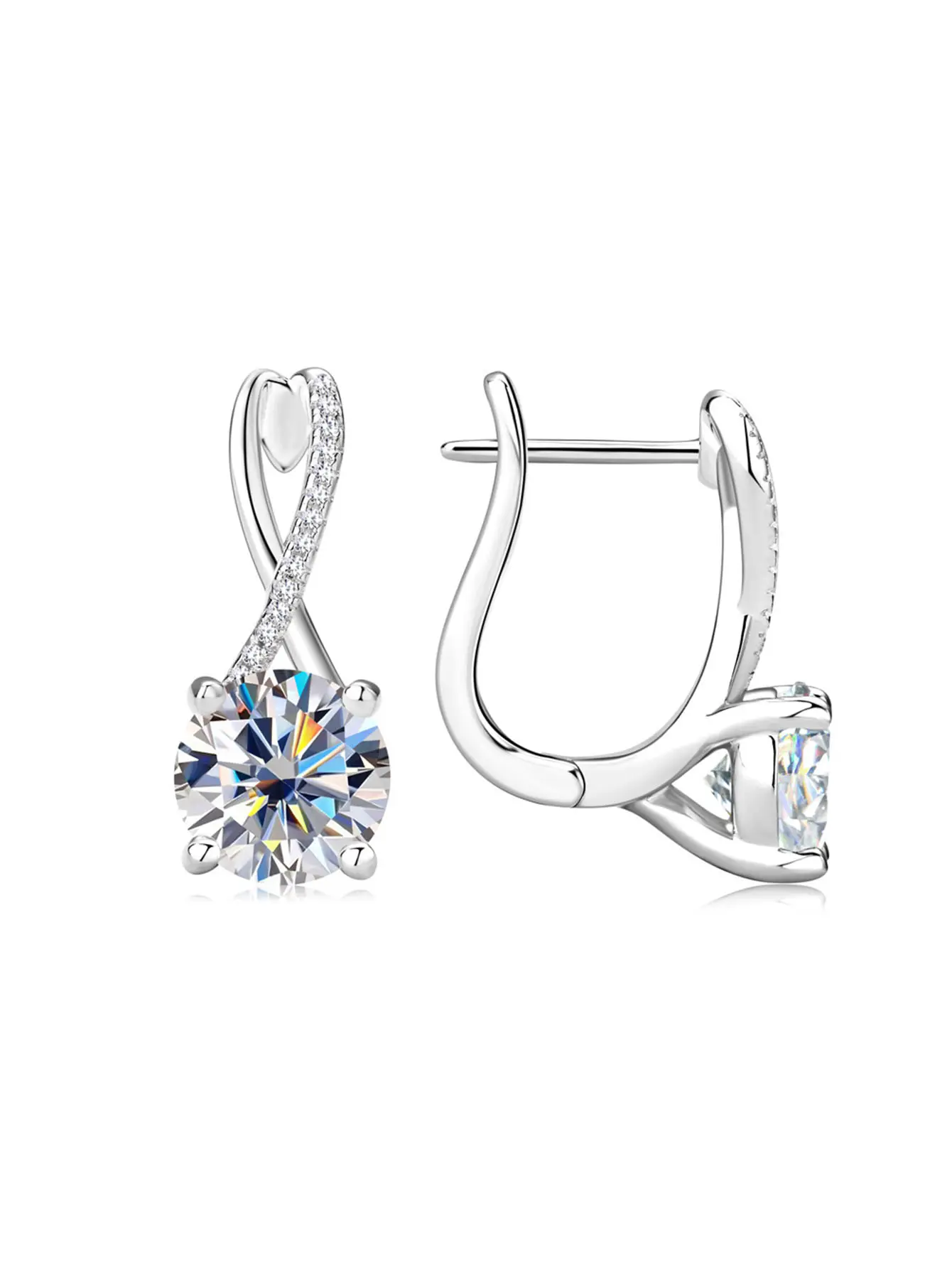 Women's S925 Sterling Silver Infinity Twist Dangle Huggie Hoop Earrings - 5A Round Zircon Solitaire Bling Earrings, Unique Durable Stylish Female Jewelry, Daily Wear, Engagement & Wedding Anniversary Gift