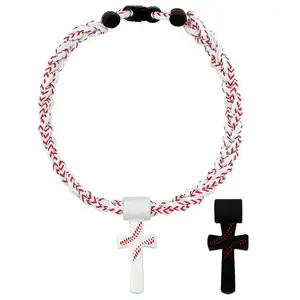 Three-strand rope tornado-style necklace with cross pendant; soft silicone and braided cord jewelry; European and American-style two-tone and three-tone braided baseball, soccer, and basketball cord necklace with stainless steel drop-shaped cross pendant