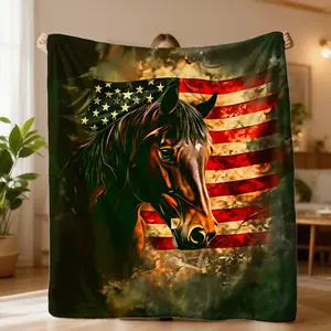 American Flag Horse Portrait Art Flannel Blanket Soft Warm All Season Polyester Ultra Cozy Design Perfect Gift For Birthday Anniversary Travel Essential Festive Pattern