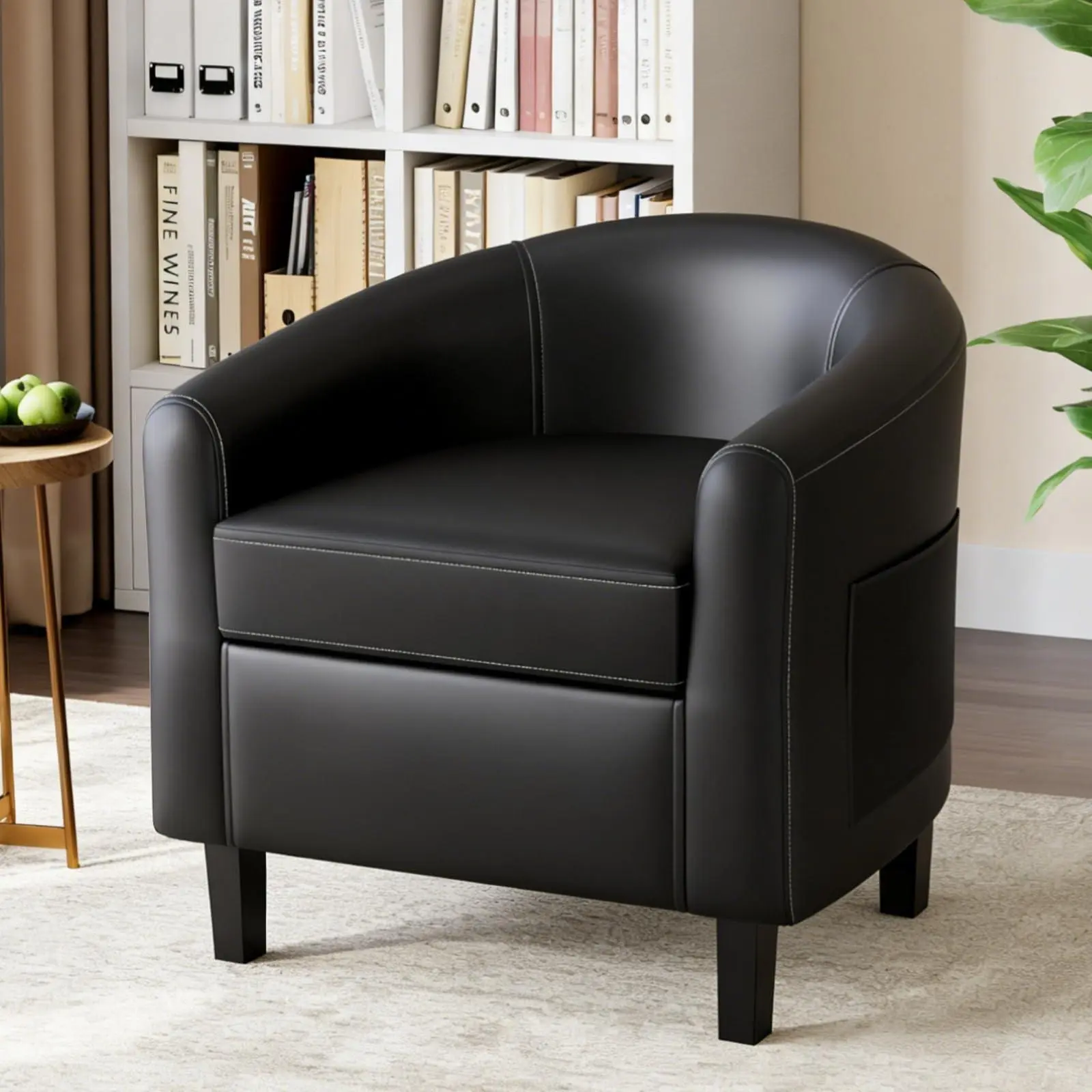 Leather Accent Chair, PU Leather Barrel Chairs, Comfy Round Club Armchair with Soft Cushion for Living Room, Bedroom, Reading, Waiting Room, Black