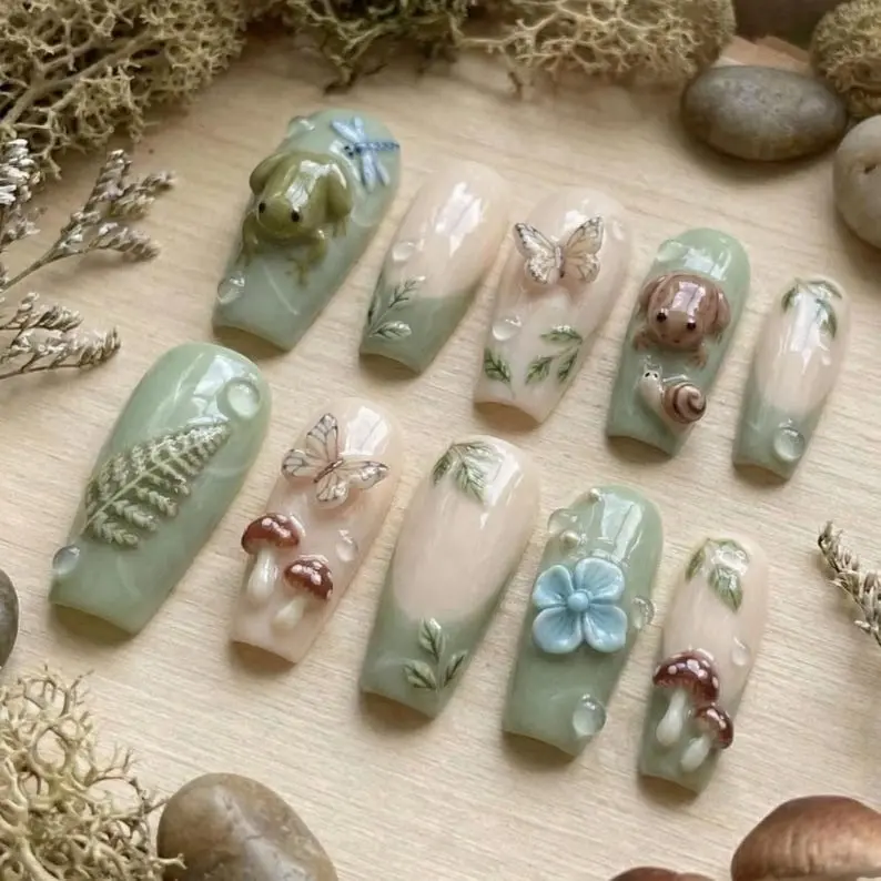 Luxury 3D Frog And Mushroom Press On Nails Forest Moss Green Butterfly Nail Set