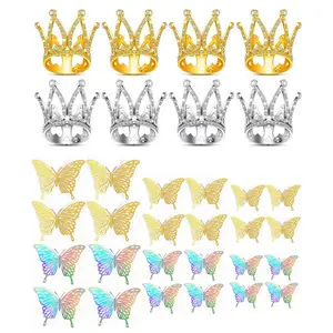 Crown & Butterfly Design Cake Decoration, 32pcs/set Including 8 Counts Mini Crown & 24pcs Butterfly Cake Topper, Cake Decoration Supplies for Birthday Party Wedding