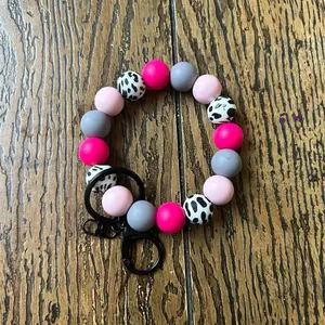 Silicone Cow Wristlet with Lobster Clip Keychain - 15mm Beads