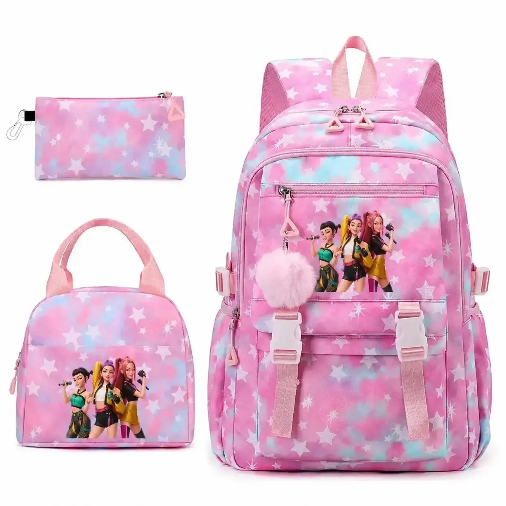 Large Capacity Lightweight Pink Tie Dye Star Stage Character Printed 3Pcs Backpack Set, Padded School Bookbag with Insulated Lunch Bag & Pencil Case for Little Girls Daily Campus Trip