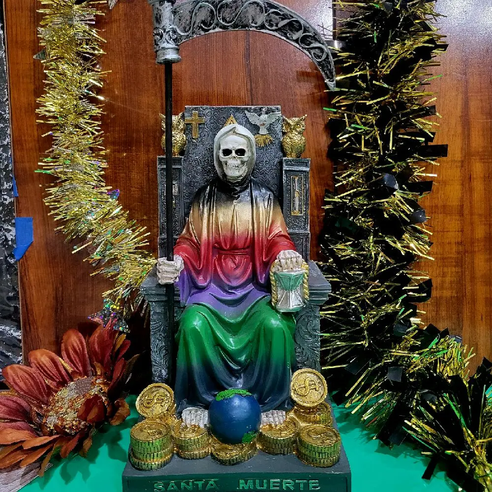 Santa muerte seven colors rainbow Statue 9x4  inch Santisima Muerte on throne religious home decor