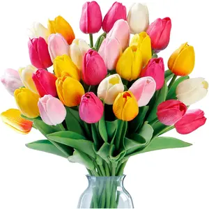 15 Pcs Fake Tulips Artificial Flowers Real Touch PU Faux Flowers Tulip Stems for Wedding Spring Bouquet Floral Arrangement Home Office Party Decorations for Mother's Day (Multi Colors)
