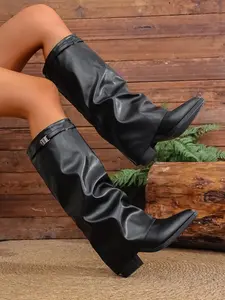 Women's PU Leather Mid-Calf Boots, Pointed Toe Cut Out Design, Spring & Fall Fashion Shoes, Comfortable Rubber Sole, Plain Pattern, Pointed Toes Boots