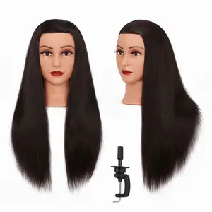 26"-28" Mannequin Head with Synthetic Fiber Hair Training Manikin Cosmetology Doll Head for Cutting Braiding Styling Hairdresser Training Model With Clamp Stand