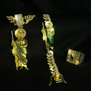 4Pcs San Judas Tadeo Jewelry Set, 14K Gold Plated San Judas Pendant Necklace Bracelet and Ring, Zinc Alloy with Rhinestone, Unisex Religious Faith Jewelry, Fashion Accessories for Daily Wear