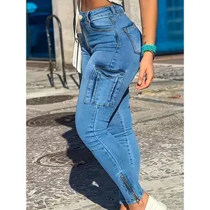 Women's Stretch Skinny Jeans in Light Blue - Mid-Rise, Slim Fit with Zipper & Button Closure, Casual Streetwear Denim